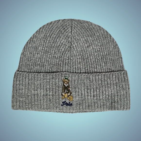 Polo Ralph Lauren Hat Beanie Wool Blend Dog Embroidered Rib-Knit Beanie Preppy